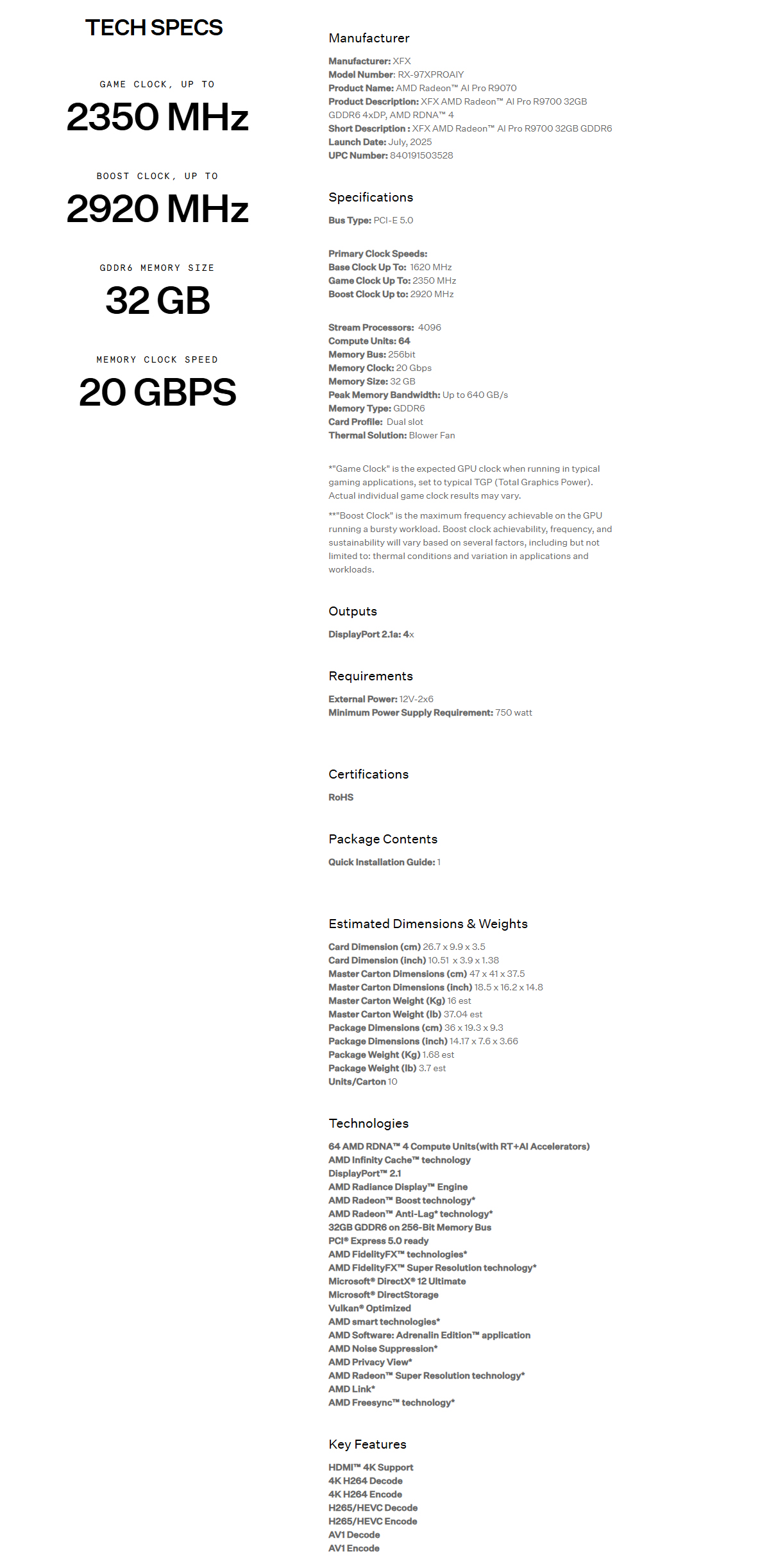 XFX Radeon AI Pro R9700 Blower, 32GB