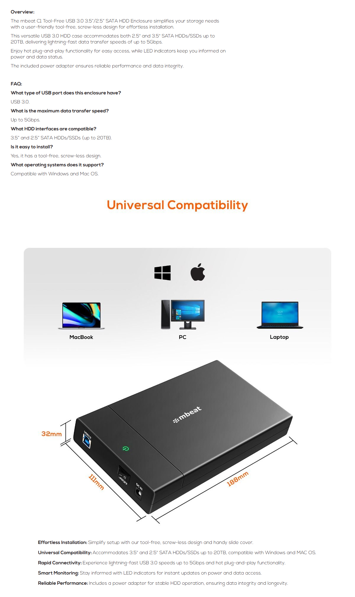 mBeat C1 Tool Free USB 3.0 3.5 and 2.5-inch SATA HDD Enclosure, Black